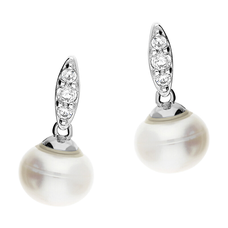 Kolczyki srebrne biała perła jubilerska i łezka z cyrkoniami/sztyft A0628 próba 925