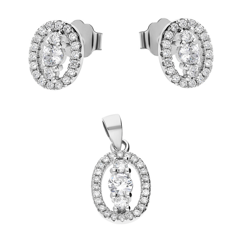 Komplet srebrny kolczyki i zawieszka owal z cyrkoniami A0735 próba 925