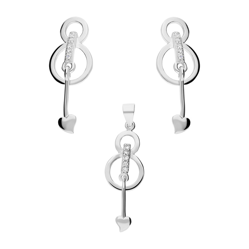 Komplet srebrny kolczyki i zawieszka ósemki z cyrkoniami i wahadło z sercem A0739 próba 925