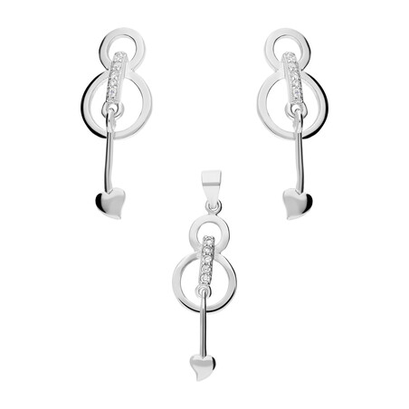 Komplet srebrny kolczyki i zawieszka ósemki z cyrkoniami i wahadło z sercem A0739 próba 925