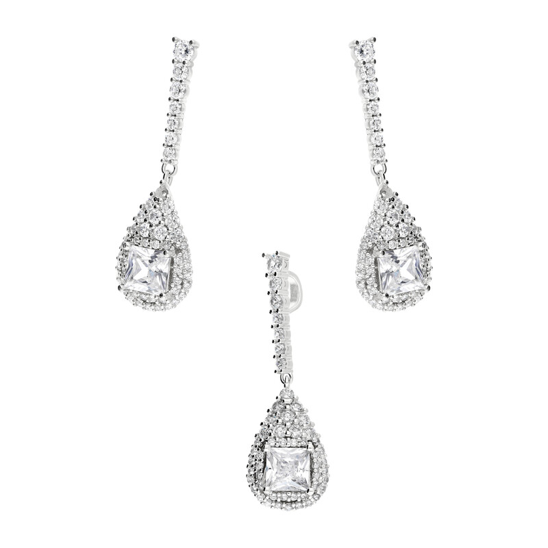 Komplet srebrny kropla z cyrkoniami i kwadratowa cyrkonia A0759 próba 925