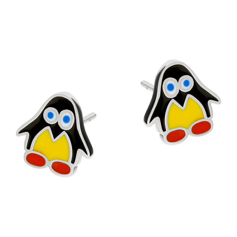 Kolczyki srebrne dla dziewczynki pingwinek z emalią/sztyft  AT381 próba 925