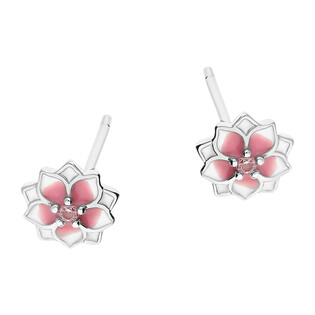 Kolczyki srebrne kwiatek z różową i białą emalią/sztyft AT406 próba 925