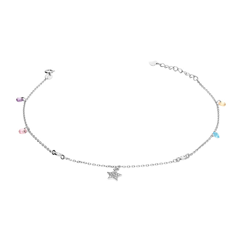 Bransoleta srebrna na nogę z kolorowymi cyrkoniami i gwiazdką BC 6R cyr faset f+jr+jn+p+b+gwi próba 925