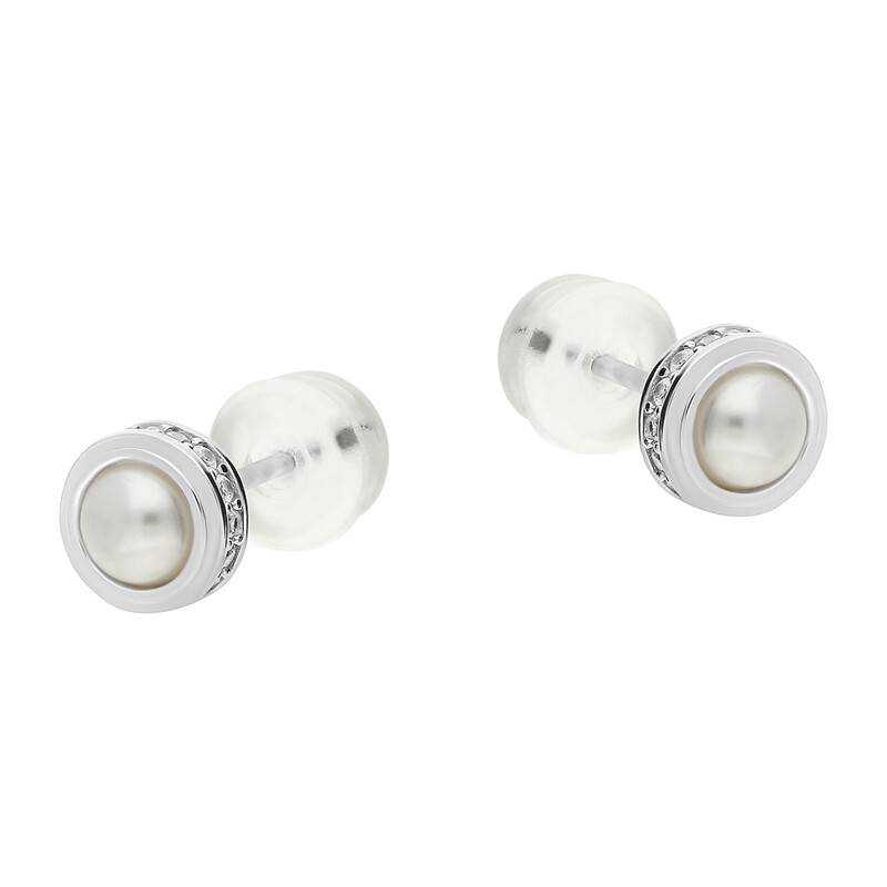 Kolczyki srebrne z perłą jubilerską w okrągłej oprawie/sztyft HS1069 próba 925