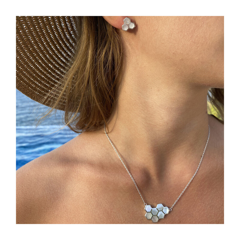 Naszyjnik plaster miodu z białą masą perłową NJ 7402 próba 925