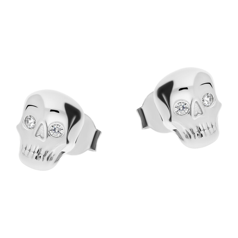 Kolczyki srebrne czaszka 3D z cyrkoniami/sztyft JA936 ROD próba 925