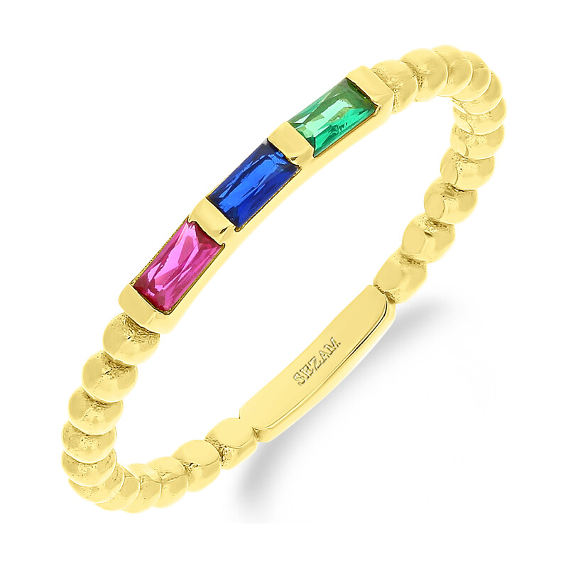 Pierścionek złoty kolorowe cyrkonie bagiety AR CR5546-GCZ-MS-RU próba 375