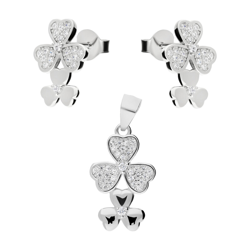 Komplet srebrny kolczyki i zawieszka koniczyna z serc z cyrkoniami AT377 próba 925