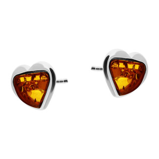 Kolczyki srebrne bursztyn w sercu/sztyft MG 153 koniakowy próba 925
