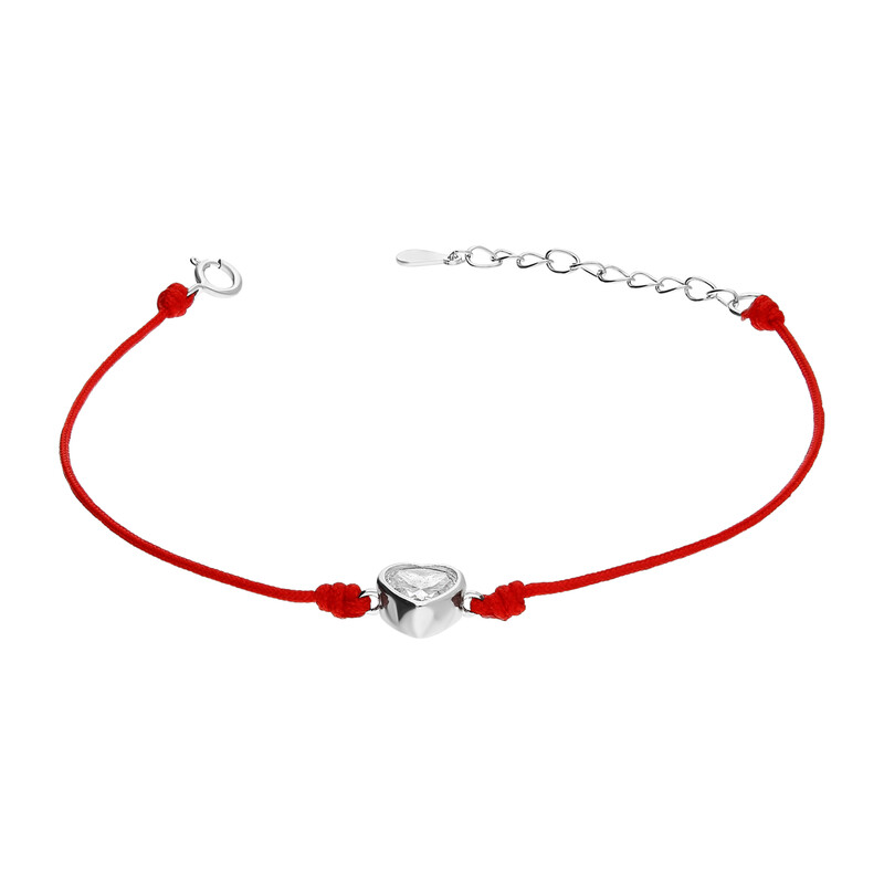 Bransoleta srebrna serce z cyrkonią w środku na czerwonym sznurku HS1140 czerwony próba 925