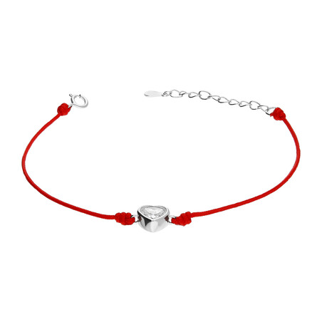 Bransoleta srebrna serce z cyrkonią w środku na czerwonym sznurku HS1140 czerwony próba 925