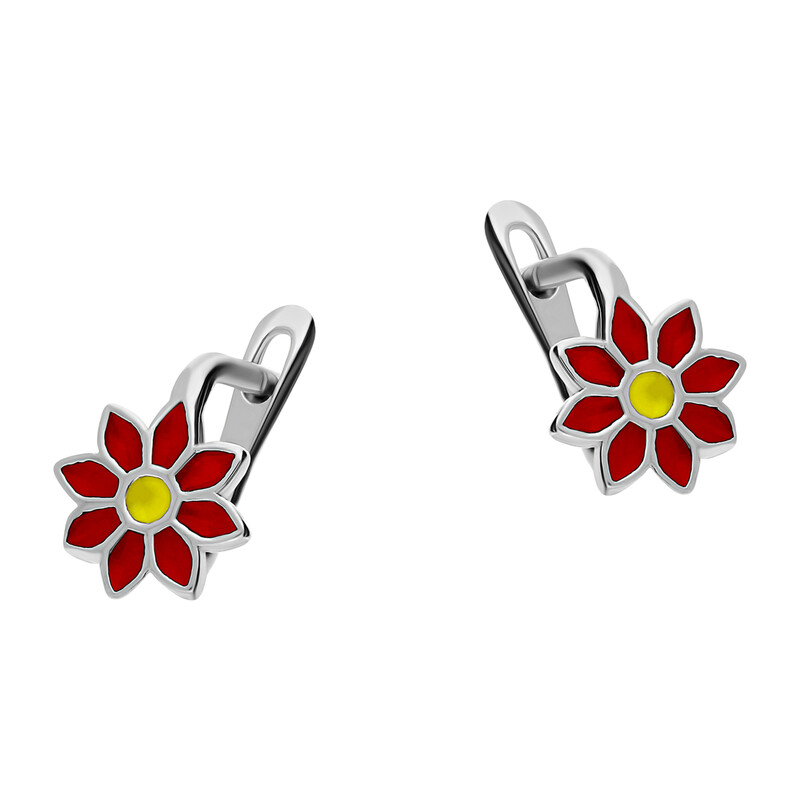 Kolczyki srebrne dla dziewczynki kwiat z czerwoną emalią/ang.zap. HS PW6 próba 925