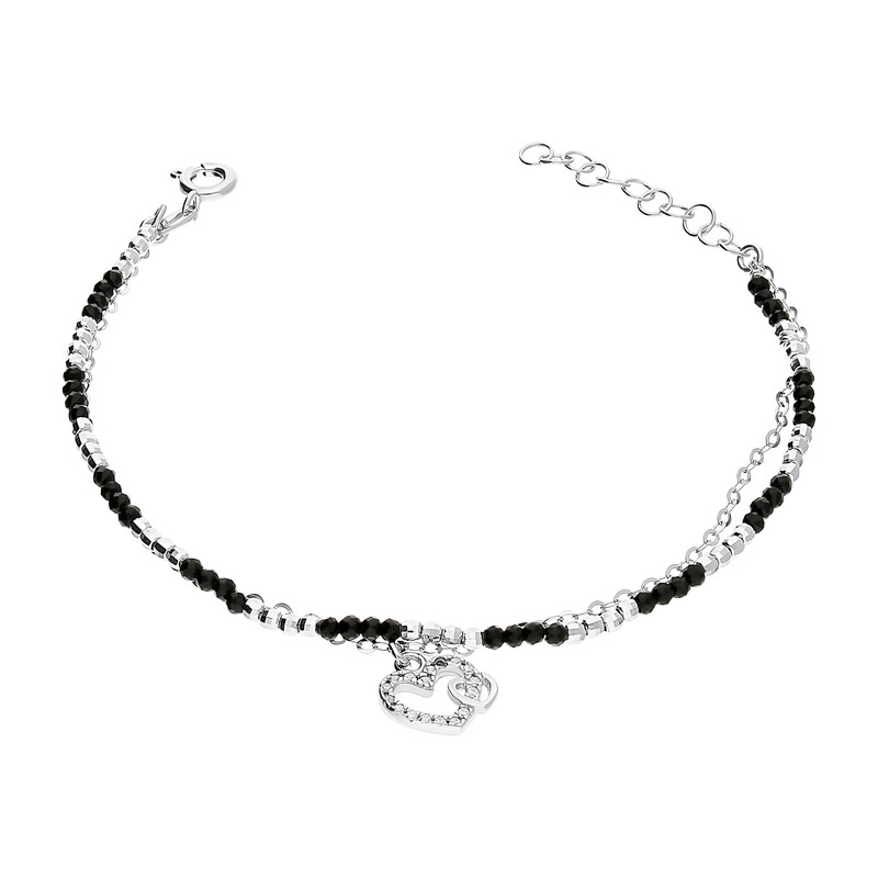 Bransoleta srebrna serce z cyrkoniami i czarne kulki PW NEW 17 ROD próba 925