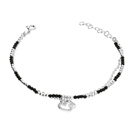 Bransoleta srebrna serce z cyrkoniami i czarne kulki PW NEW 17 ROD próba 925