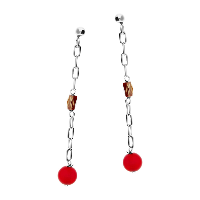 Kolczyki srebrne czerwona kulka i koralik/sztyft  PW NEW 30 ROD próba 925