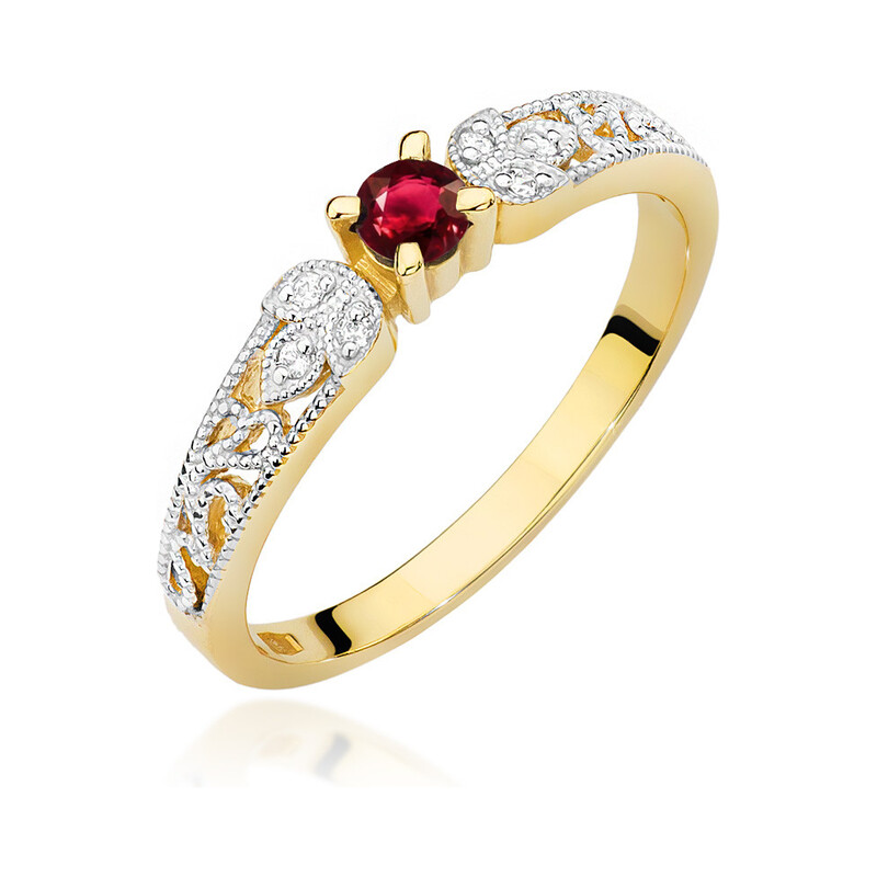 Pierścionek złoty z rubinem i diamentami BE W-411 RB obr.ornament próba 585