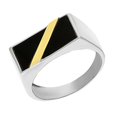 Sygnet srebrny prostokąt z onyksem i złotą blaszką