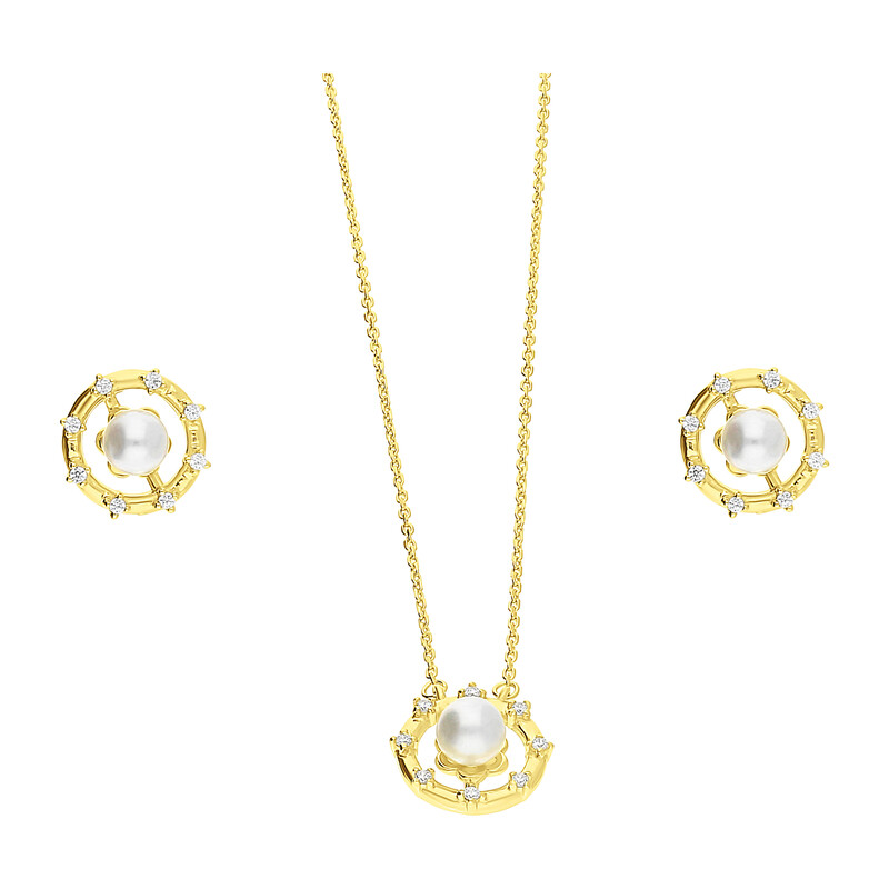 Komplet pozłacany kolczyki i naszyjnik z białą perłą  JA1121 GOLD próba 925