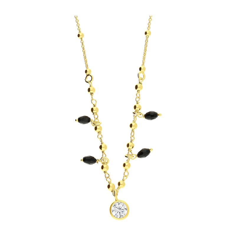 Naszyjnik pozłacany cyrkonia w oprawie i fasetowane czarne kulki PW NEW 198 GOLD próba 925