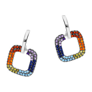 Kolczyki srebrne kwadrat z kolorowymi cyrkoniami na półkółku/sztyft JA1009 próba 925