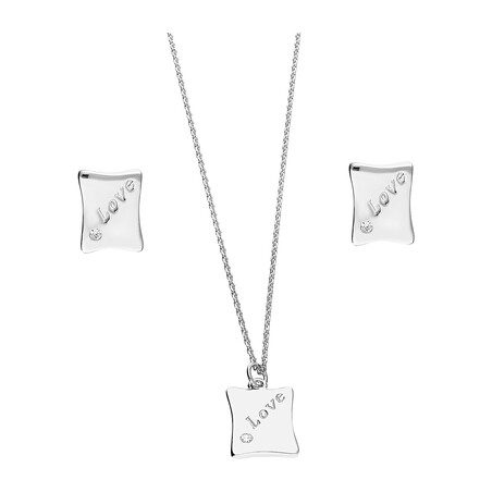 Komplet srebrny kolczyki i naszyjnik blaszka z napisem love  JA1116 ROD próba 925