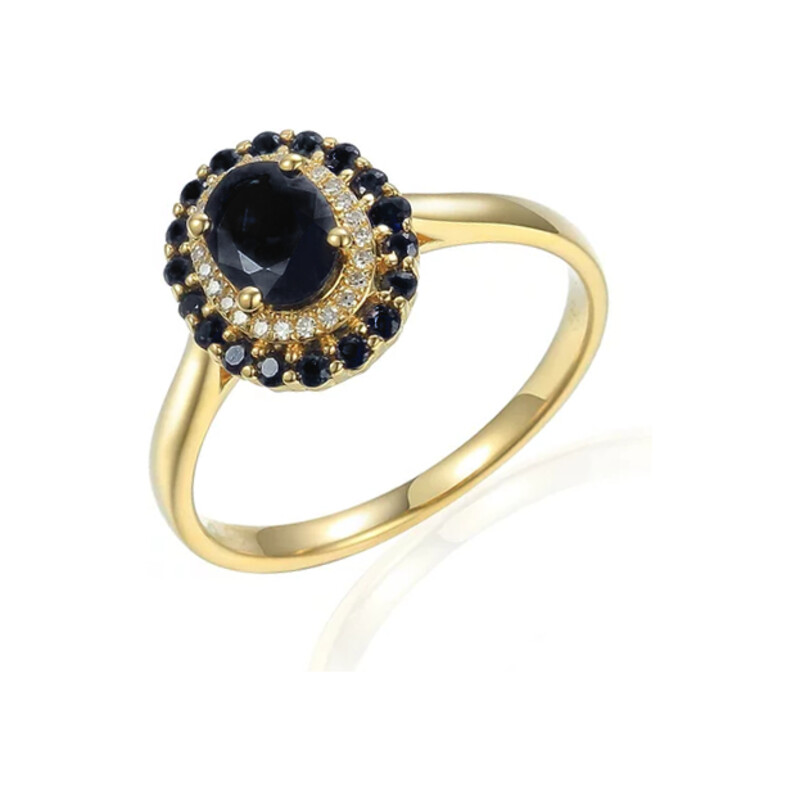 Pierścionek złoty owalny czarny agat i diamenty  AW 71860Y-AGA owal próba 585