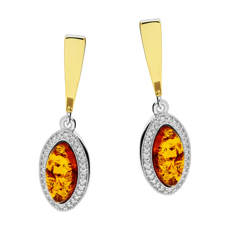 Kolczyki srebrne łezka z bursztynem i cyrkoniami oraz złota blaszka na zapięciu