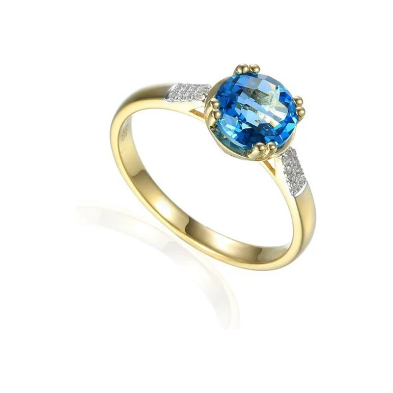 Pierścionek złoty z okrągłym topazem i diamentami AW 82457 Y-TO okragły 4ł x2 próba 585