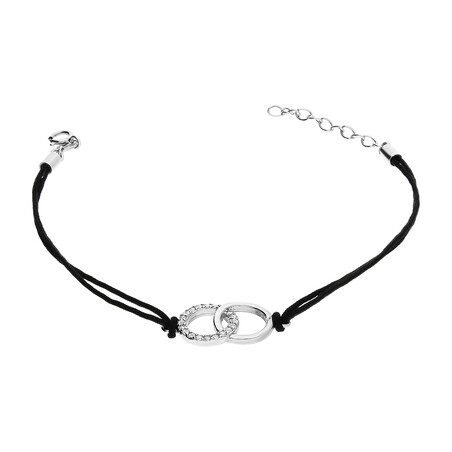 Bransoleta srebrna klanówka połączone kółka na czarnym sznurku PW158 ROD czarny próba 925