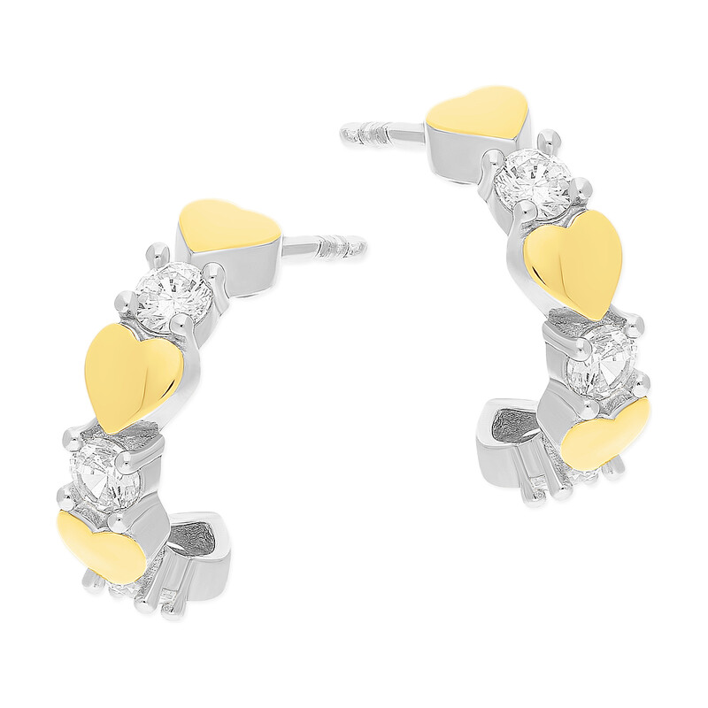 Kolczyki srebrne półkółka serca i cyrkonie/sztyft  PX 691_AU375 blaszka gold