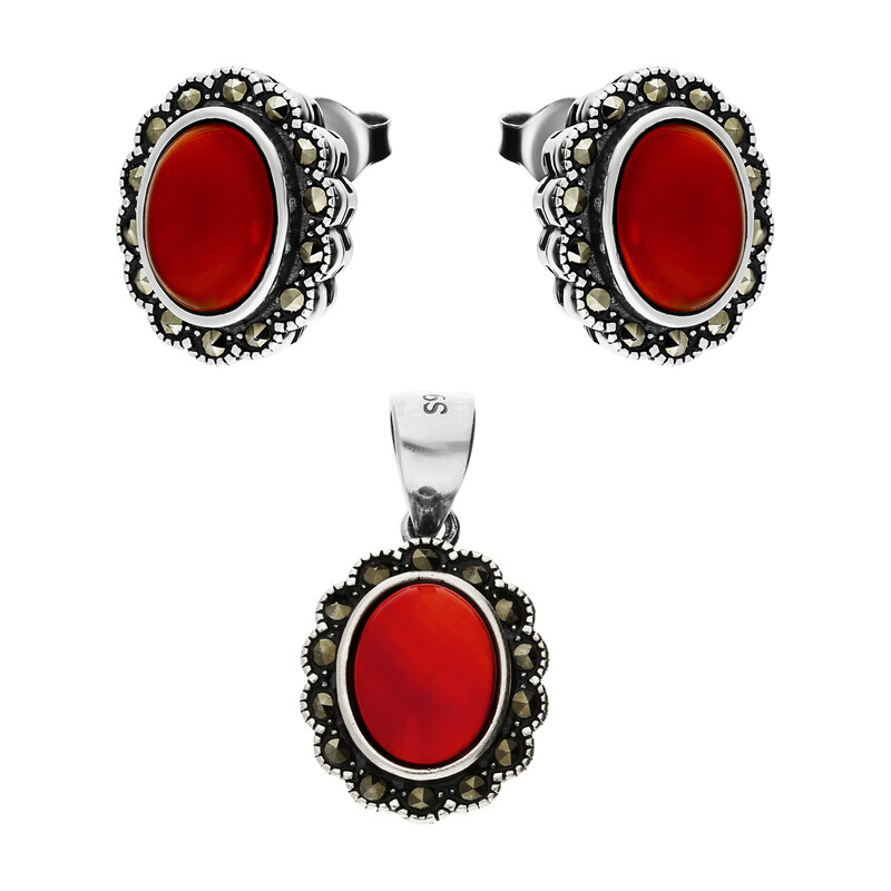 Komplet srebrny kolczyki i zawieszka markazyt w owalu AT202 próba 925