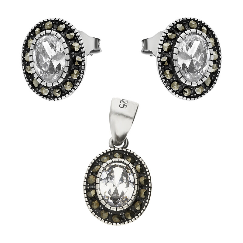 Komplet srebrny kolczyki i zawieszka cyrkonia i markazyty AT386 próba 925