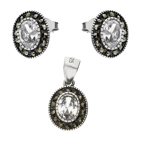 Komplet srebrny kolczyki i zawieszka cyrkonia i markazyty AT386 próba 925