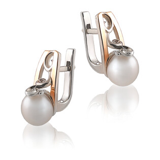 Kolczyki srebrne ze złotą blaszką i białą perłą DC 275_AU375 blaszka rose