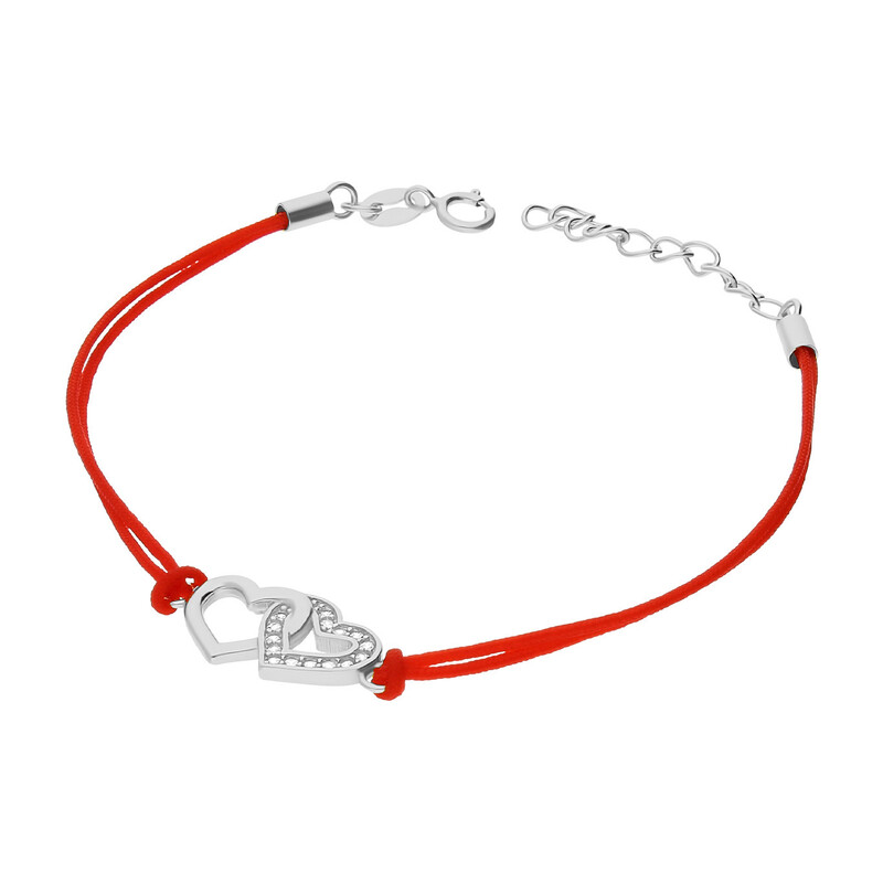Bransoleta srebrna serce klanówka na czerwonym sznurku PW159 ROD czerwony próba 925