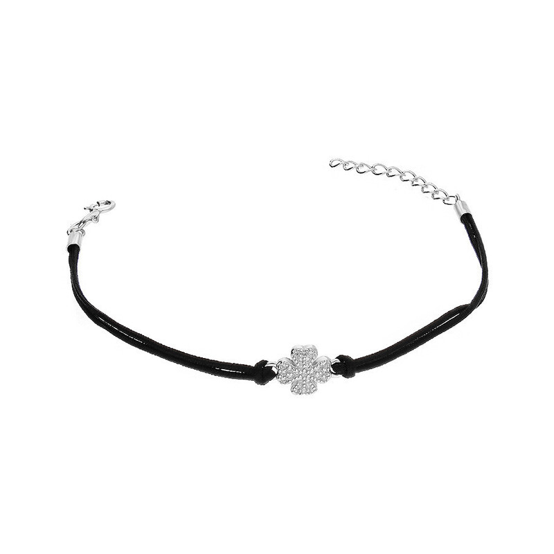 Bransoleta srebrna koniczyna z cyrkoniami na czarnym sznurku PW89 ROD czarny próba 925