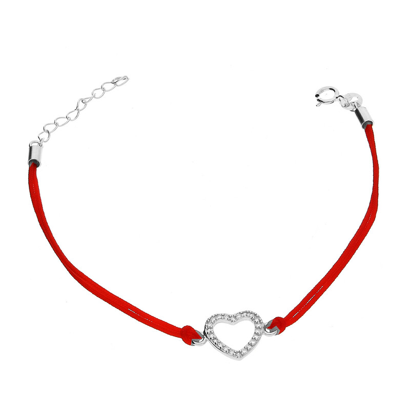 Bransoleta srebrna serce z cyrkoniami na czerwonym sznurku PW NEW 303 ROD czerwony próba 925