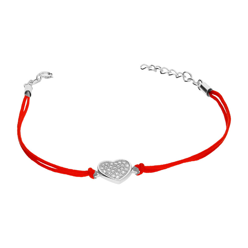 Bransoleta srebrna serce z cyrkoniami na czerwonym sznurku PW NEW 300 ROD czerwony próba 925
