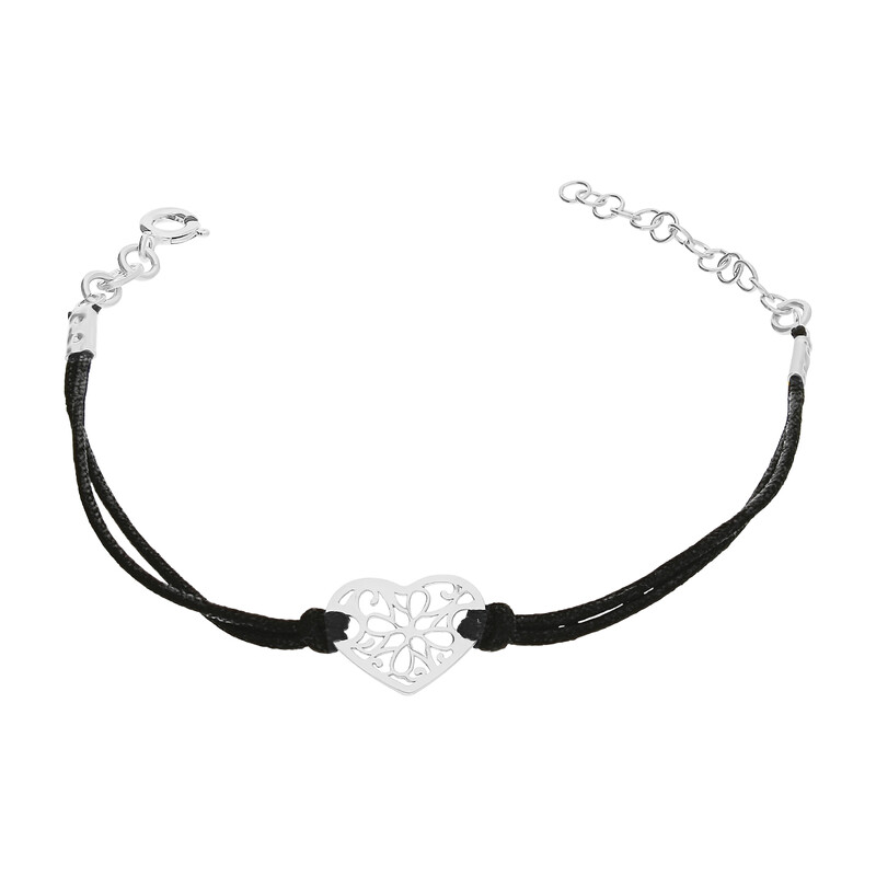 Bransoleta srebrna ażurowe serce na czarnym sznurku PW NEW 280 ROD czarny próba 925