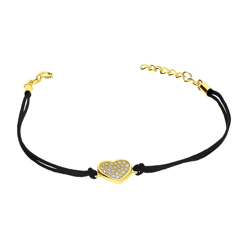 Bransoleta pozłacana serce z cyrkoniami na czarnym sznurku PW NEW 300 GOLD czarny próba 925