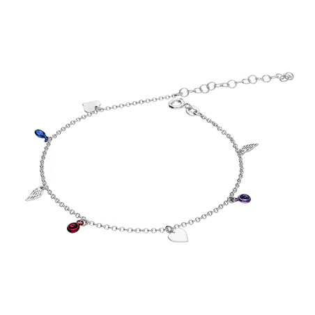 Bransoleta srebrna na nogę skrzydła, serca i kolorowe cyrkonie PW 458 skrzydła+serca+cyr mix próba 925