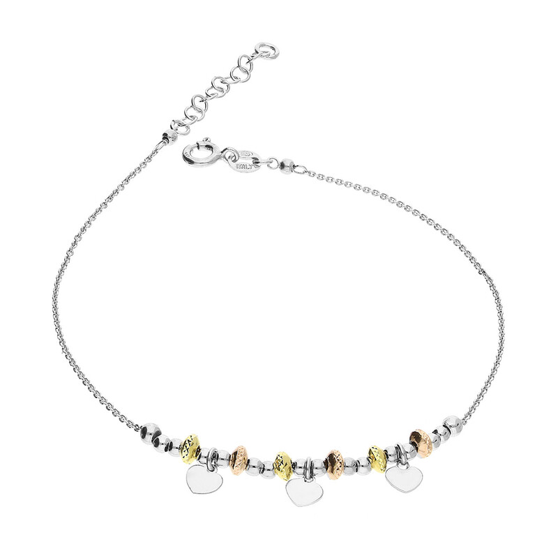 Bransoleta srebrna na nogę serca i kulki PW 463 serca+kulki bl+dis 3kol próba 925