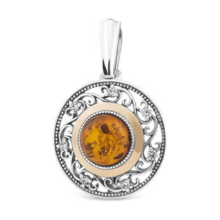 Zawieszka srebrna bursztyn koniakowy w kole z cyrkoniami i złotą blaszką PX 709_AU375 blaszka gold