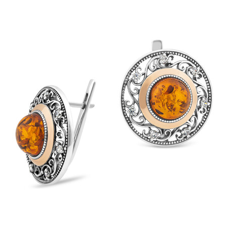 Kolczyki srebrne bursztyn koniakowy w kole z cyrkoniami i złotą blaszką PX 709_AU375 blaszka gold