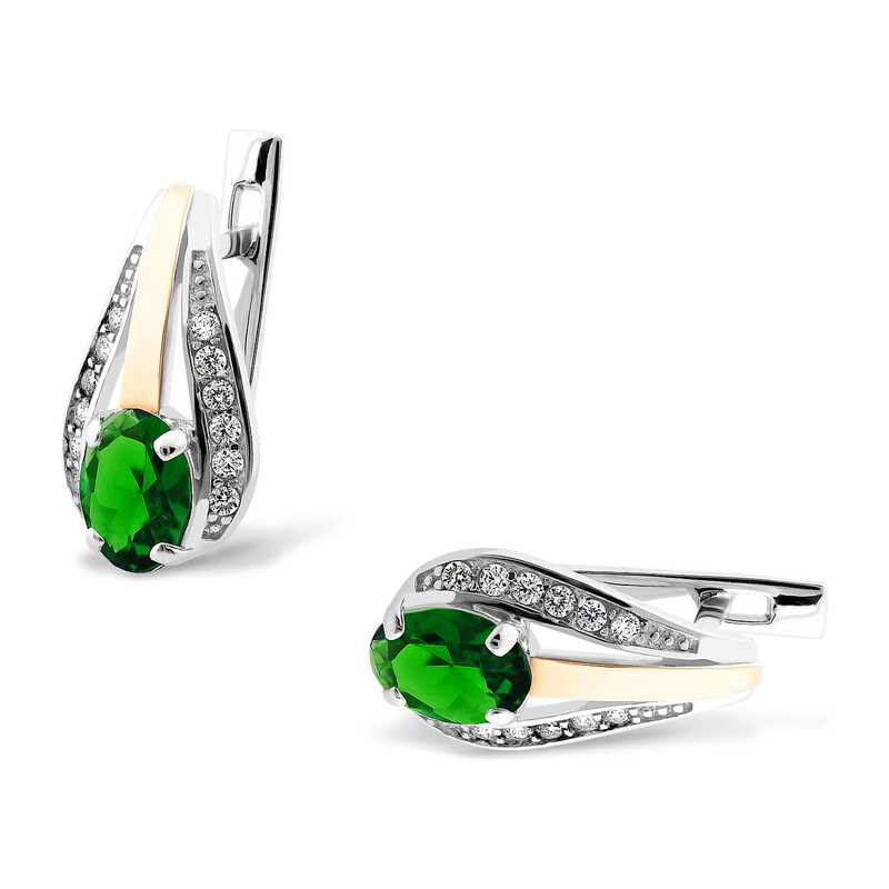 Kolczyki srebrne z owalnym szmaragdem jubilerskim, cyrkoniami i złotą blaszką PX 263 EM_AU375 blaszka gold