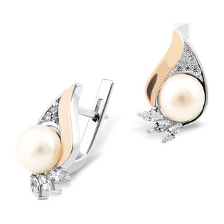 Kolczyki srebrne z perłą jubilerską, cyrkoniami i złotą blaszką/ang.zap. PX 533_AU375 blaszka gold