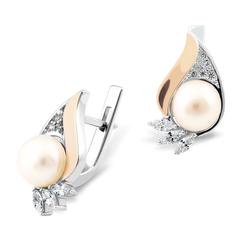 Kolczyki srebrne z perłą jubilerską, cyrkoniami i złotą blaszką/ang.zap. PX 533_AU375 blaszka gold