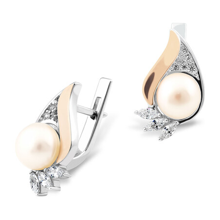 Kolczyki srebrne z perłą jubilerską, cyrkoniami i złotą blaszką/ang.zap. PX 533_AU375 blaszka gold