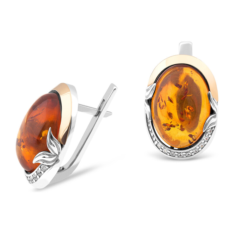 Kolczyki srebrne owalny bursztyn ze złotą blaszką i cyrkoniami PX 224_AU375 blaszka gold